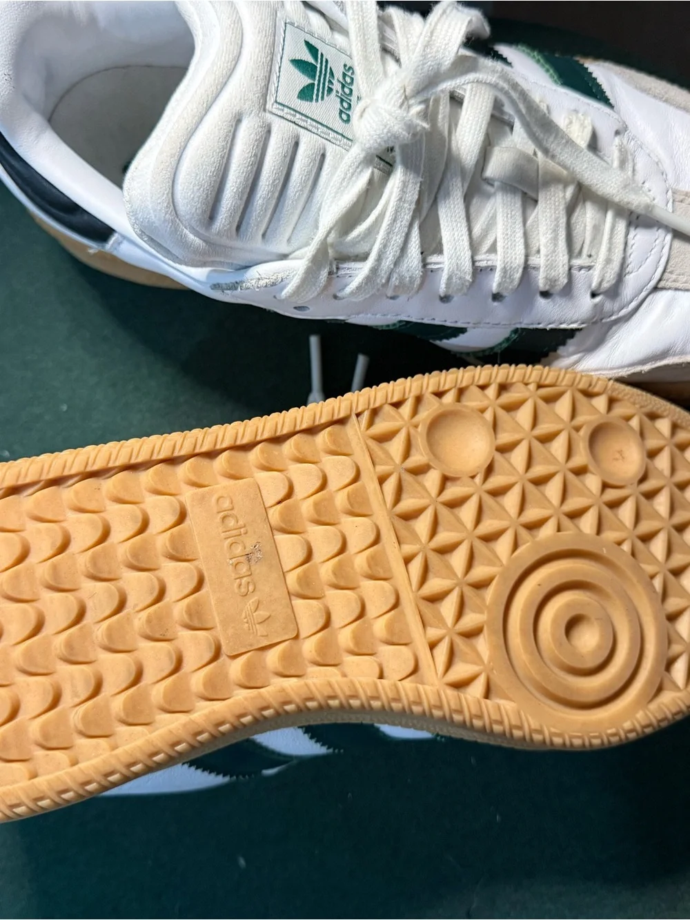 adidas White Sneakers with Green Stripes and Gum Sole